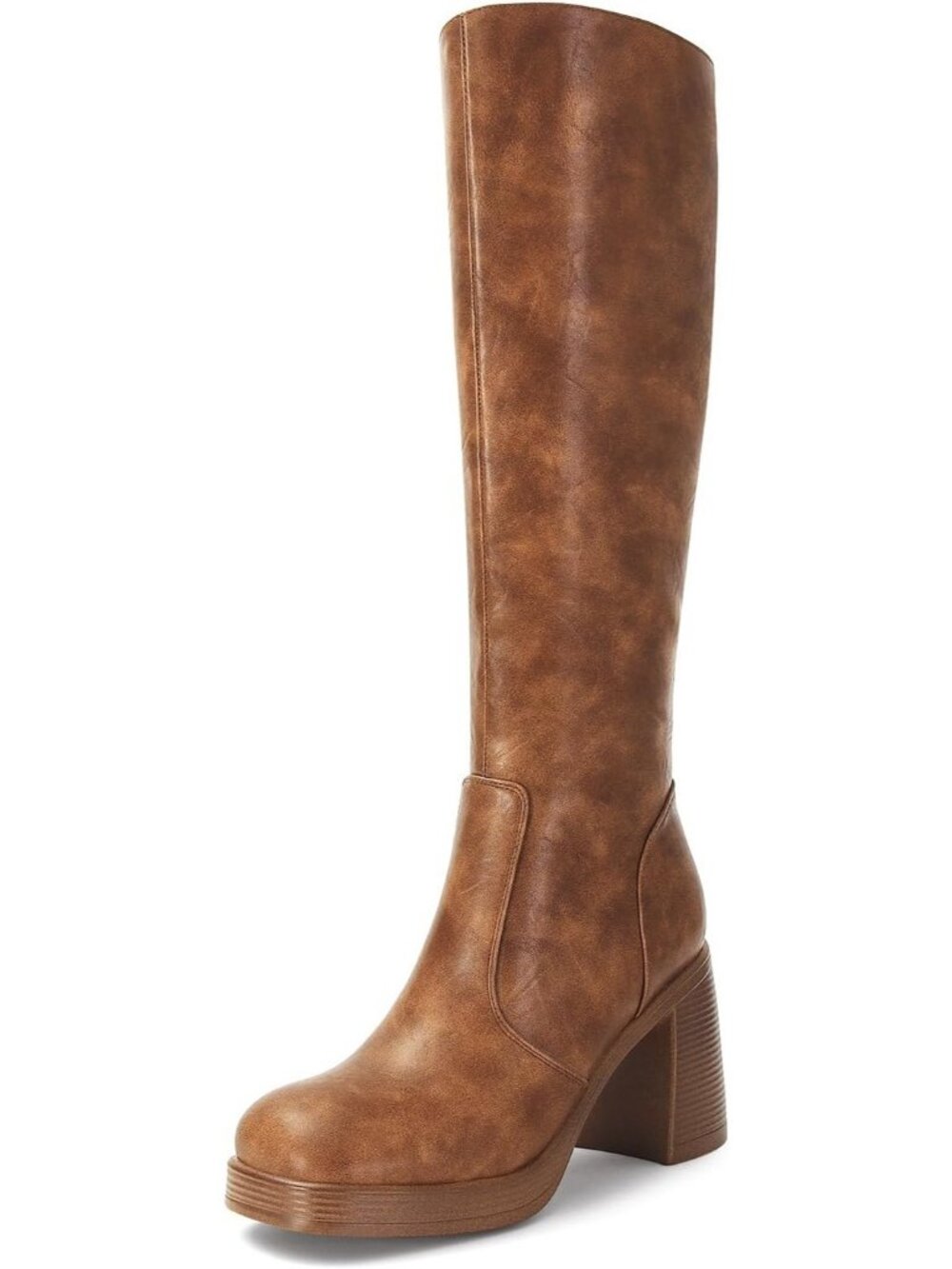 Womens Retro Brown Leather Platform Side Zip Square Toe Chunky Block Heeled Boot
